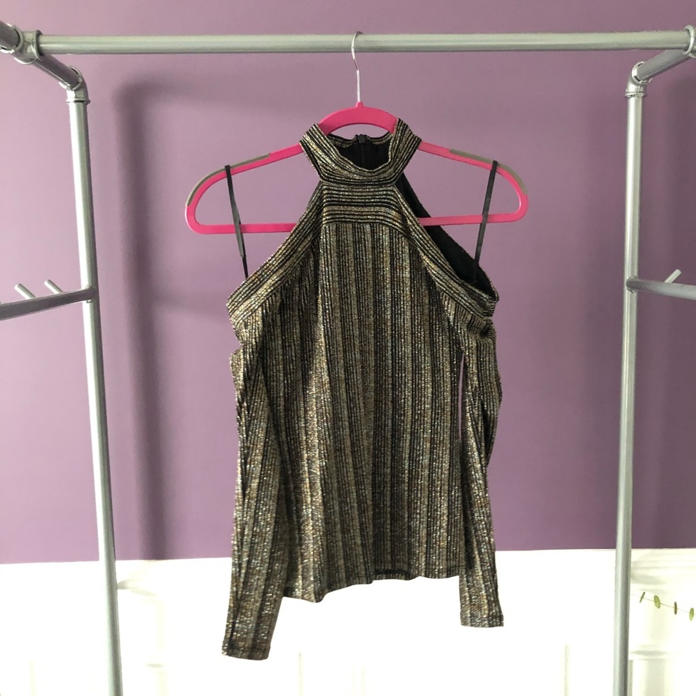Glitter long- sleeve cold shoulder top